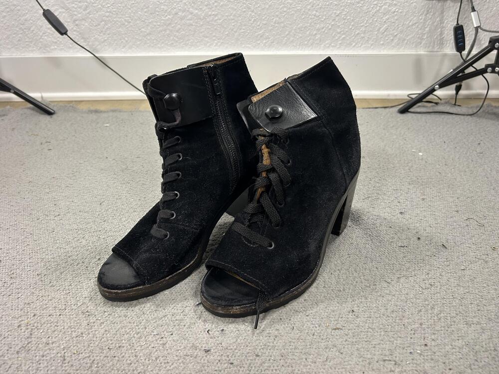 Frye Boots Womens Size 9 Black Suede Open Peep Toe Ankle Lace Up 3478038-BLK